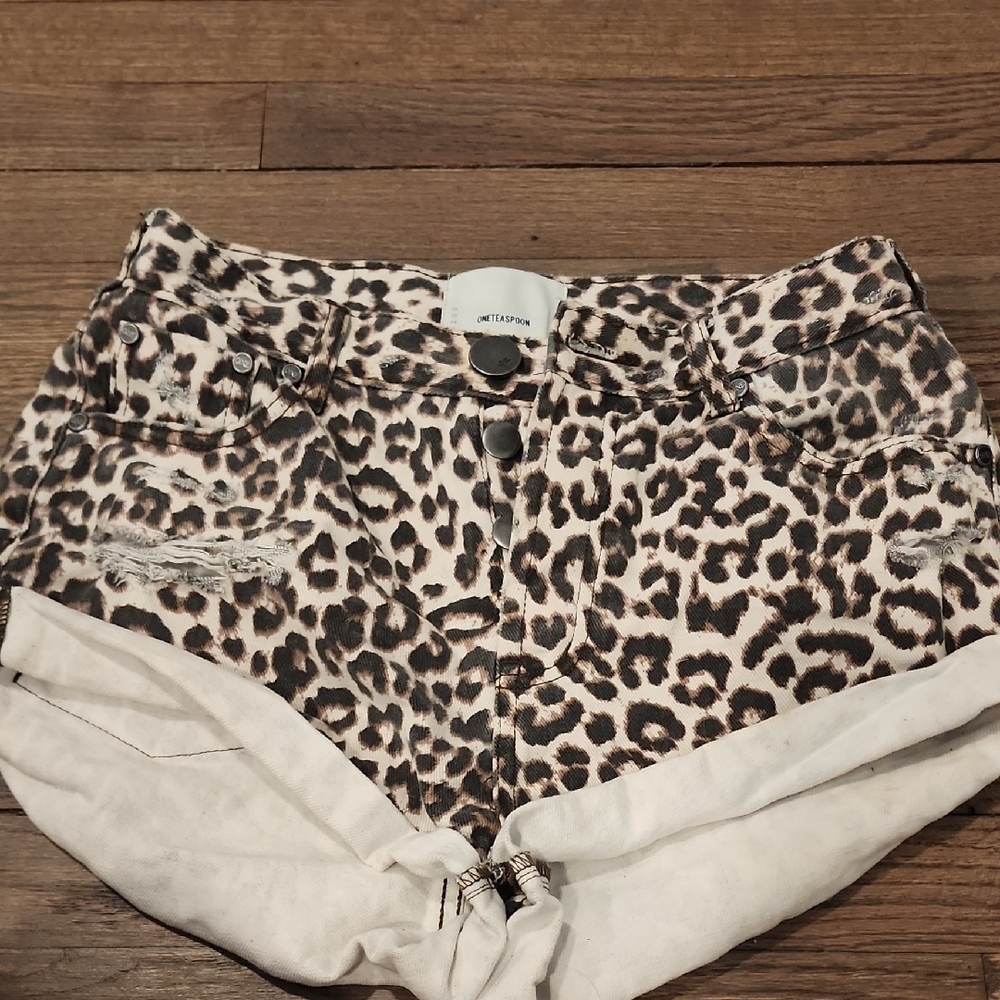 One Teaspoon Leopard Print Jean Shorts